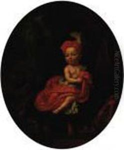 Portrait Of A Child, Small
Full-length, Seated On A Blue Cushion,in A Red Cap And White Chemise
With A Red Shawl, A Garden With Apeacock And Female Statue Beyond, In A
Feigned Oval by Mattheus Verheyden