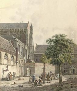 Figures On The Domplein With The Domkerk At The Left, Utrecht