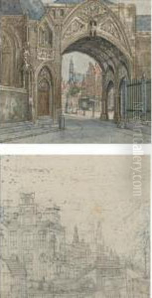 Recto: View Through A City Gate 
Into A Square, With A Water Fountain At The Centre;verso: A Street 
Running Along A Canal, With Figures Unloading A Boat In The Foreground - view 1