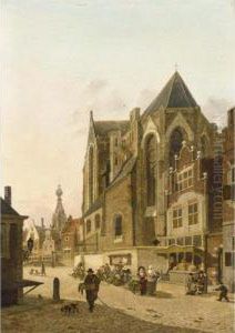 Figures In The Streets Of A Dutch Town by Jan Hendrik Verheijen