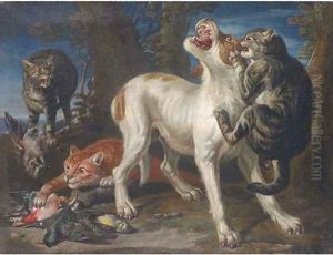 Cats attacking a dog in a landscape