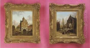 Figures By A Quay In A Dutch Town; And Figures On A Square In Adutch Town by Jan Hendrik Verheijen