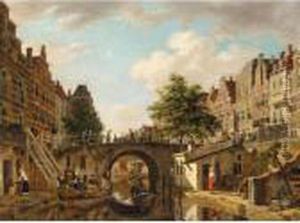 A View Of Utrecht, With A Barge And A Rowing Boat On A Canal Before A Bridge by Jan Hendrik Verheijen