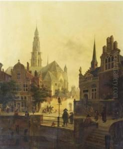 Figures By A Canal In A Town Square