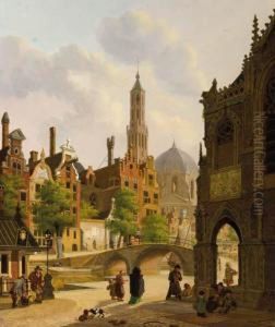 Figures By A Church In A Town, A Canal Beyond