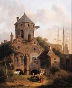 View In A Town With Women Conversing By A Rampart