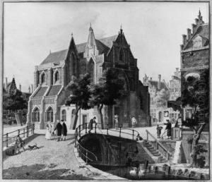 Figures Near A Gothic Church In A Town
