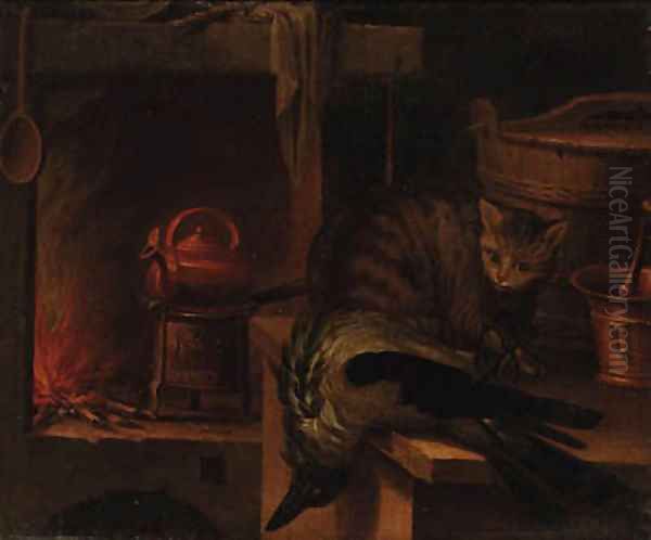 A kitchen still life with a cat and a magpie - view 1