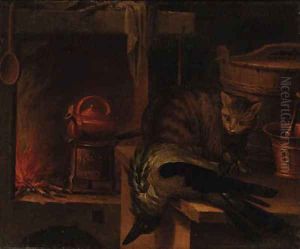 A kitchen still life with a cat and a magpie by Jan Fyt