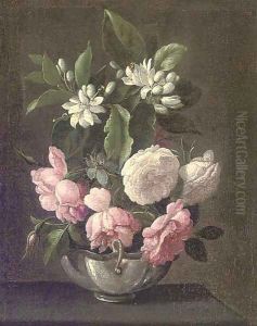 Roses and Syringa in a vase on a ledge Roses and Syringa in a vase on a ledge