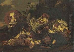 A spaniel with dead game birds in a clearing by Jan Fyt