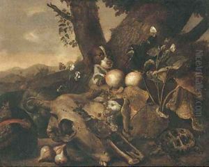 A wooded landscape with a dog, a tortoise, a skull, a rabbit, figs and other fruit in a clearing by Jan Fyt