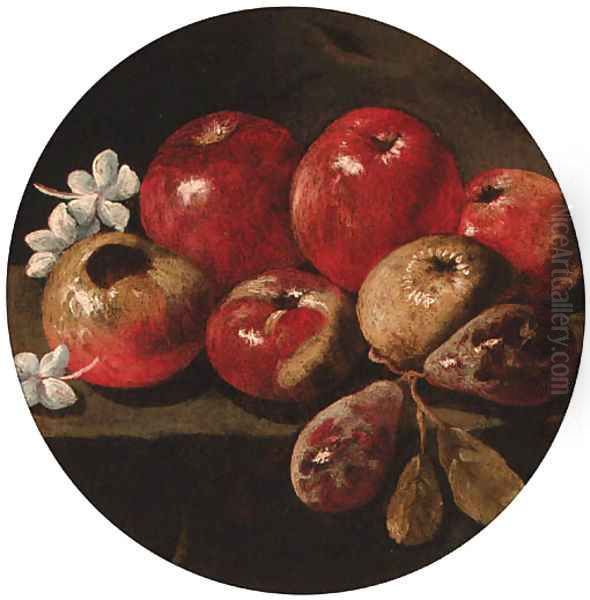 Apples, plums and blossom on a stone ledge - view 1