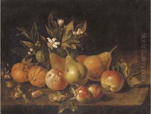 Pears, apples, oranges and nuts on a ledge by Luca Forte