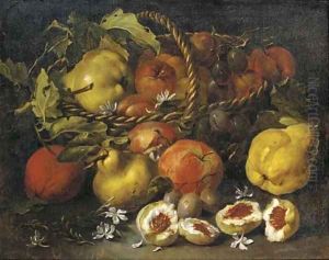 A pear, apples and plums in a woven basket, with figs, jasmine, pears and plums below by Luca Forte