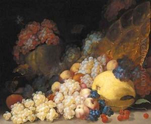 Grapes, cherries, peaches, a melon, a lemon and a silver gilt platter by Luca Forte