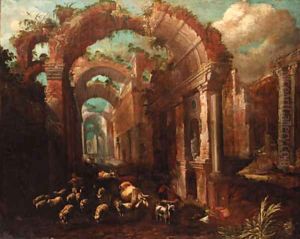 A capriccio of a ruined classical arcade by Paolo Fiammingo