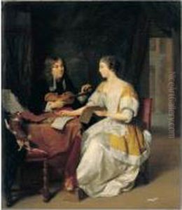 Interior Scene With A Couple 
Seated At A Table, The Man Tuning A Violin And The Woman Holding A 
Recorder And Music Score