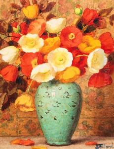 Orange poppies in a turquoise vase by Ernest Filliard