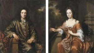 Portrait Of Mathijs Van Son
(1665-1704), Seated Small Three-quarterlength, In A Japanse Rok With A
Lace Shirt, On A Terrace; Andportrait Of Elisabeth Van Son, Nee Marchand
(1668-1734), Seatedsmall Three-quarter Length, In A Ochre Silk Dress
With A by Jan Verkolje