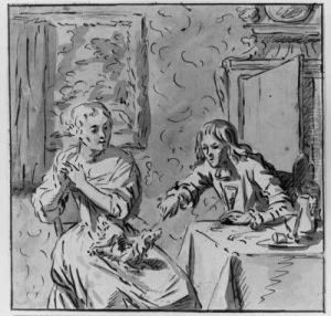 A Man And A Woman With A Dog At A Table In An Elegantinterior by Jan Verkolje