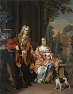 A Family Portrait Of Johan
Diederik Pompe Van Meerdervoort (1697-1749) With His Wife Johanna Alida
(1691-1749) And Their Eldest Daughter Maria Christina (born 1723), To
The Background The Country Estate Meerdervoort At Zwijndrecht by Nicholas Verkolje