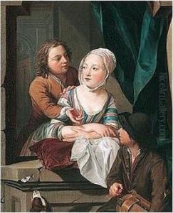Young Lovers At A Window Listening To A Boy Playing A Rommel Pot by Nicholas Verkolje