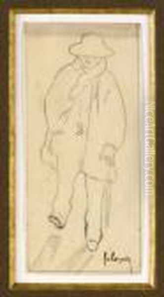 " Cazals (frederic-auguste). 
Superbeportrait De Verlaine En Pied Execute Par F. A. Cazals Au Crayon 
Eten Par Tie Au Calque (132 X 61 Mm) Sur Papier A Report. Signe Al'encre
 Brune En Bas A Droite. Il Montre Le Grand Poete Vu De Faceavec Son 
Chapeau - view 1