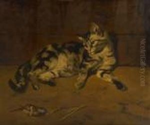 Chat Contemplant L'oiseau Ala Brindille by Charles Verlat