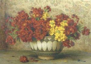 Red and yellow flowers in a bowl by Ernest Filliard