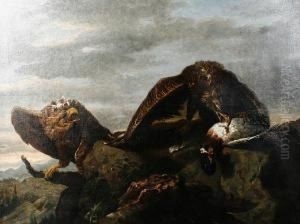 Two Eagles With Their Kill On A Rockyoutcrop