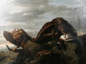 Two Eagles With Their Kill On A Rocky Outcrop