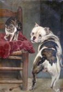 Kat En Buldog - Chat Et Bouledogue. (1885) by Charles Verlat