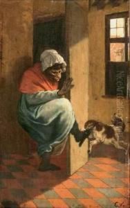 Singe Chassant Un Chien by Charles Verlat