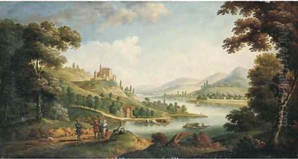 A river landscape with figures on a path and a village beyond - view 1