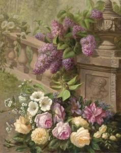Hydrangeas, Roses, Rhodedendrons And Convolvulus Arranged Around Abalustrade
