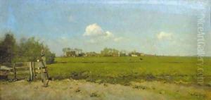 A panoramic summer landscape with a village in the distance by Hendrik Frauenfelder