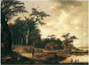 A Wooded Landscape With Peasants
 Resting By A Track, Ducks Being Flighted In A Pond Beyond
