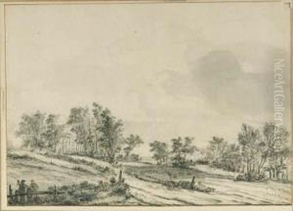 An Wooded Landscape With Travellers By A Fence - view 1