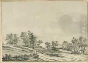 An Wooded Landscape With Travellers By A Fence by Jan Wijnants