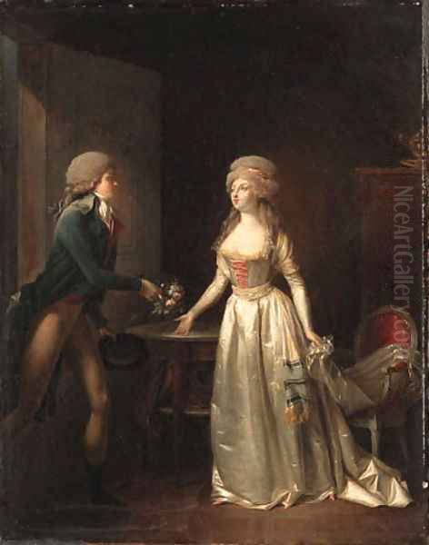 Interior scenes with a young woman being offered flowers by a suitor - view 1