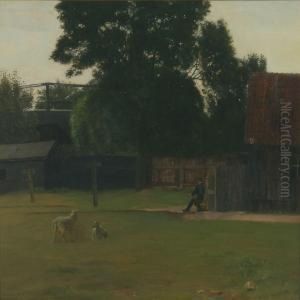 Farm Exterior With Man And Sheep by Gustav Vermehren