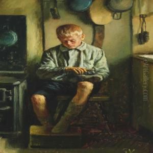 Interior With A Boywho Polishes His Boots by Sophus Vermehren
