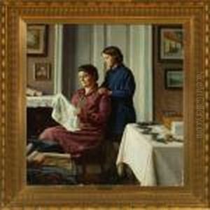 Interior With Motherand Daughter by Sophus Vermehren