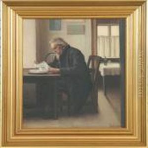 Interior With Anelderly Man Reading The Paper by Sophus Vermehren