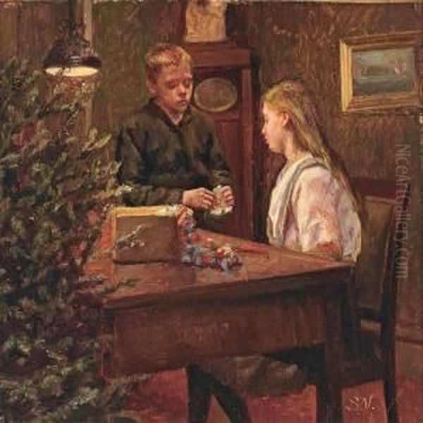 Decorating Thechristmas Tree, Sister And Brother Making Christmas Decoration - view 1
