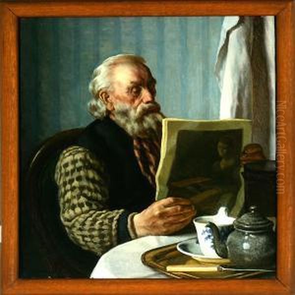 An Old Fisherman Is Reading The Newspaper. Signed S. Vermehren - view 1