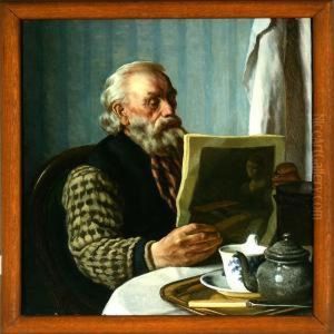 An Old Fisherman Is Reading The Newspaper. Signed S. Vermehren by Sophus Vermehren