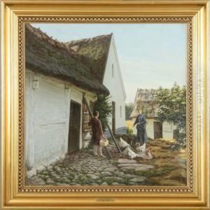 Daily Life At A Danish Farm. Signed S. Vermehren by Sophus Vermehren