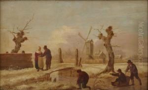 Figures On A Frozen Canal by Andries Vermeulen